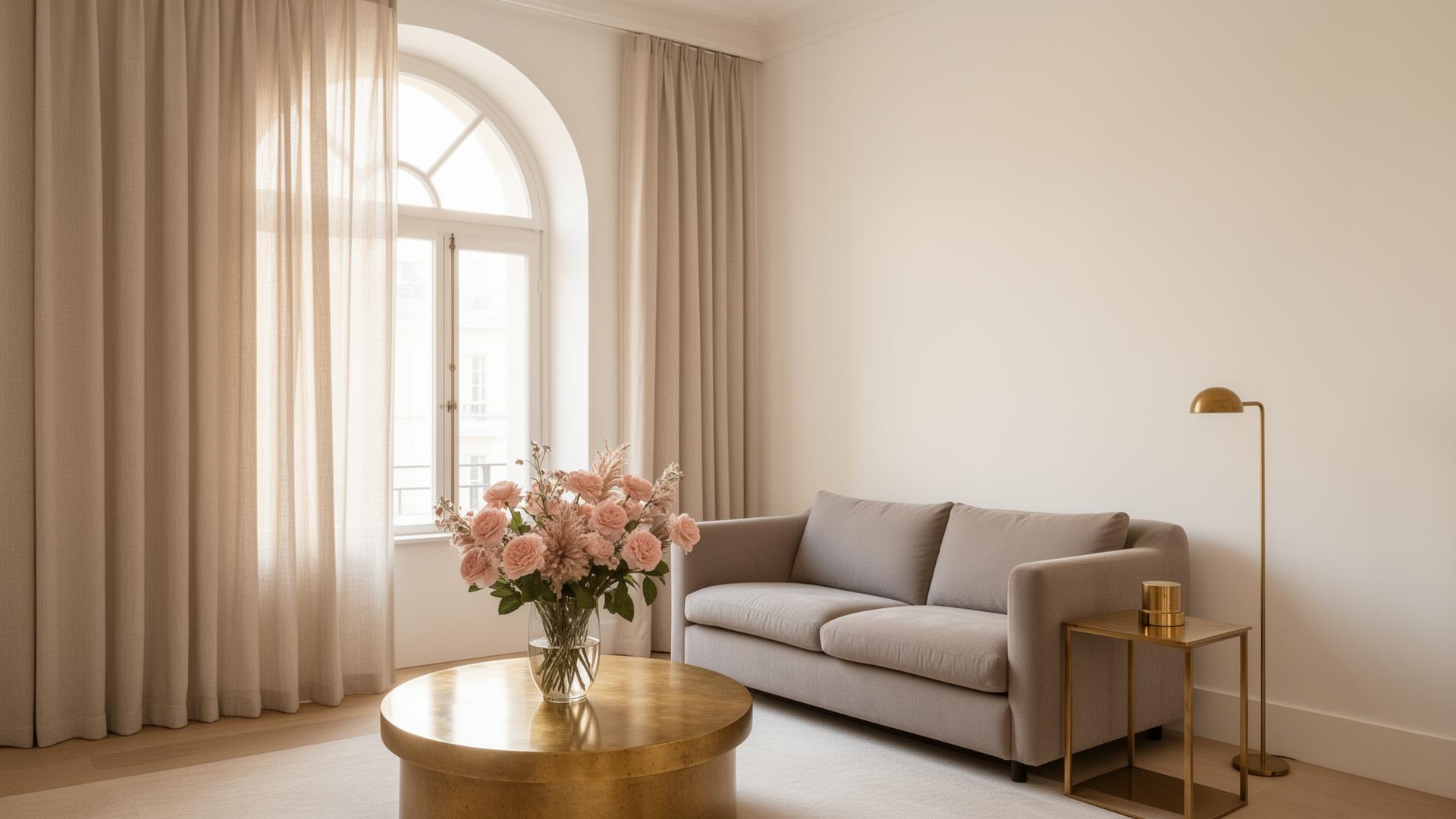 Refined warm interior with brass accents and blush florals